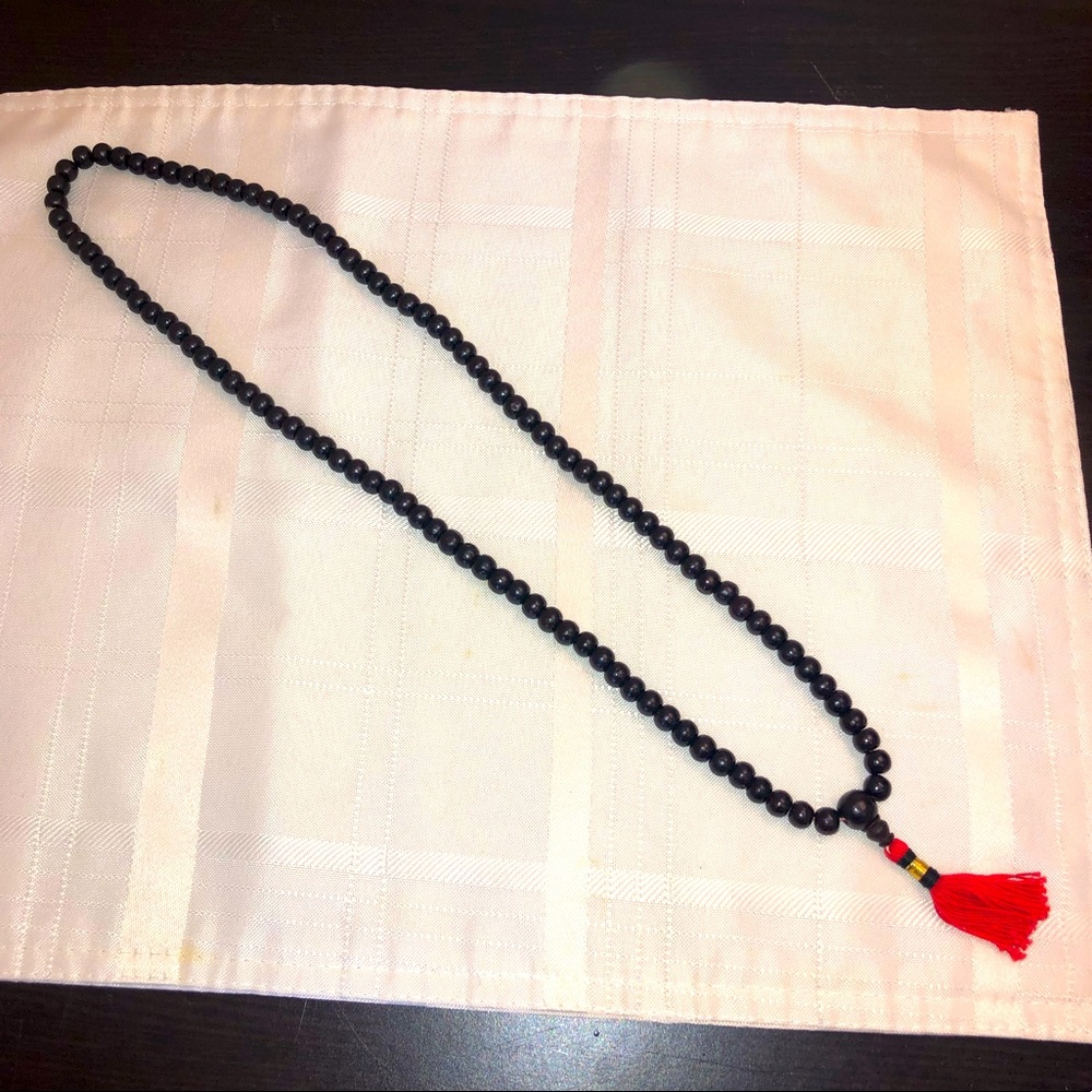 108 Mala Beads - Brown with a Red Tassel Necklace